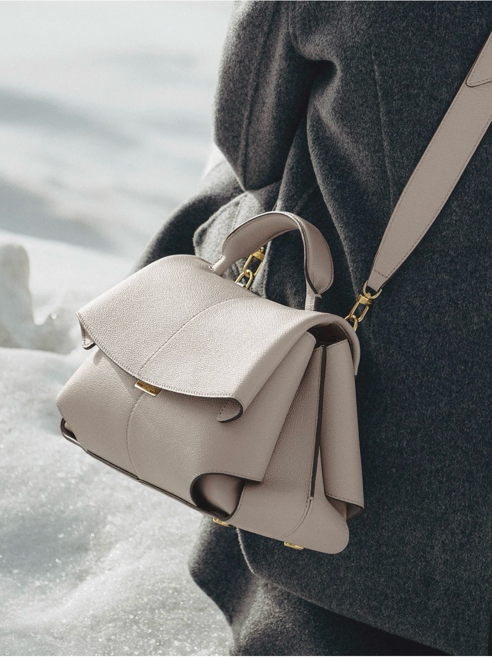 POLENE Elegant Small Leather Satchel Handbag - Taupe